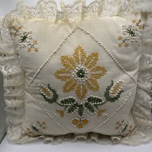 Vintage Throw Pillow Embroidered White Lace Trim Yellow Flower 14" Square